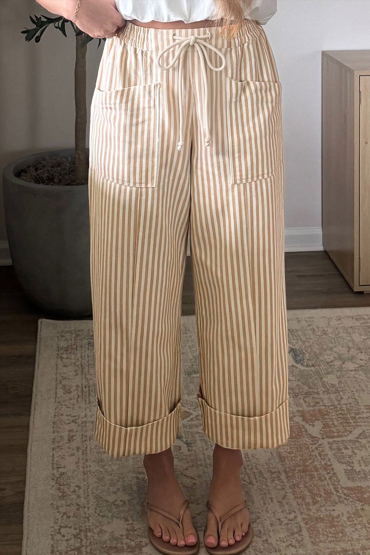 Apricot Stripe Ribbon Drawstring Waist Full-Length Shift Pant